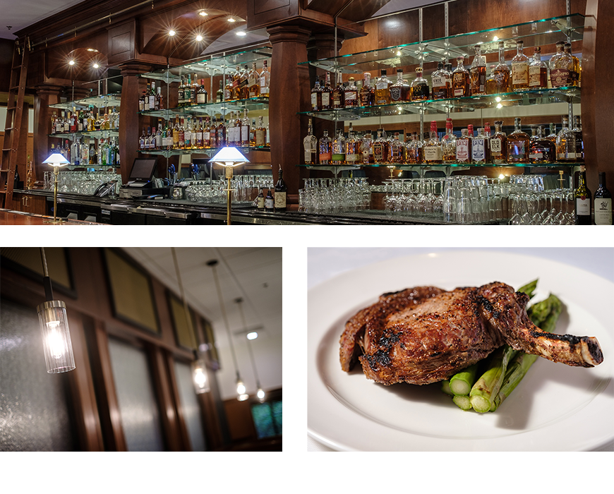 Picture of the Bass Street Chop House bar, stocked with spirits and decorated with small lamps; Picture of the interior lighting inside Bass Street Chop House; Picture of a plate of lamb chops, prepared fresh at Bass Street Chop House